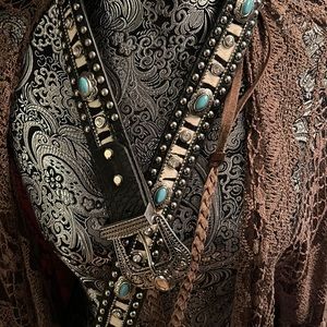 Western Style Leather Belt Rivets and Turquoise Details